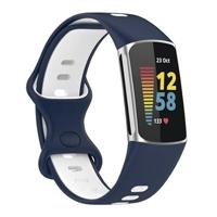 By Qubix - Compatible met Fitbit Charge 5 - Fitbit Charge 6 Sportbandje met dubbele lus - Donkerblauw/wit - Tweekleurig - Maat: L - Compatible fitbit bandje