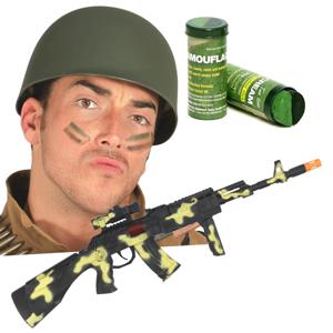 Carnaval verkleed set Leger soldaten helm - camouflage schmink stift - machinegeweer