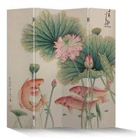 Fine Asianliving Chinees Kamerscherm Oosters Scheidingswand B160xH180cm 4 Panelen Lotus met Karpers Canvas Scherm Twee-zijdig Print Art 203-151
