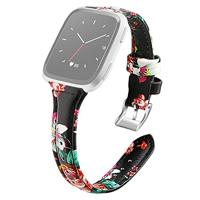 By Qubix - Compatible met Fitbit Versa 1/2 & Lite bandje TPU leer - Bloemenprint rood - Compatible fitbit bandje