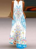 Vintage Bloemen Gedrukt Uitspraak Plus Maat Mouwloos V Nek Casual Breien Jurk