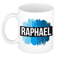 Naam cadeau mok / beker Raphael met blauwe verfstrepen 300 ml - thumbnail