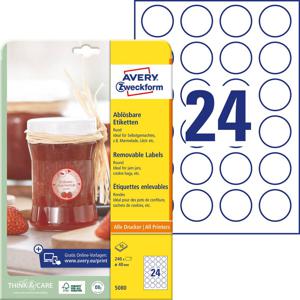 Avery-Zweckform 5080 Universele etiketten Ø 40 mm Papier Wit 1 set(s) Weer verwijderbaar Inkjet, Laser (zwart/wit), Laser (kleur)