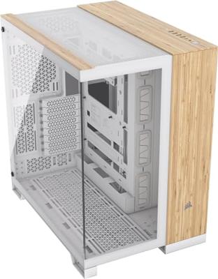 CORSAIR 6500X Mid-Tower ATX Dual Chamber PC Case - Panoramisch gehard glas - Reverse Connection Moederbord Compatibel - Geen ventilatoren inbegrepen - Wit/Bamboehout