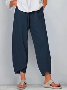 Navy Blue Casual Cotton-Blend Plain Pants