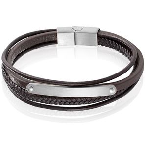 Mendes Heren Armband Bruin Leer Edelstaal ID Graveerplaat Zilverkleurig-21cm