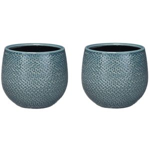 Set van 2x stuks bloempotten midnight blauw ribbels keramiek voor kamerplant H12 x D14 cm