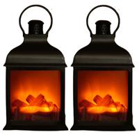 2x stuks sfeerhaarden/open haard lantaarns zwart met led verlichting L15 x B12 x H23,5 cm