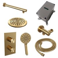 Regendoucheset Inbouw Brauer Gold Carving Thermostatisch 20 cm met 3-Weg Omstelling, Wandarm en 3-Standen Handdouche Geborsteld Goud Brauer