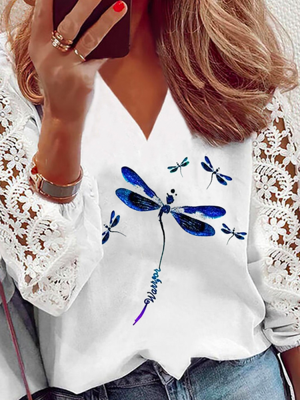 Libel Gedrukt Casual Lang Mouw V Nek Topjes Libel Gedrukt Casual Lang Mouw V Nek Topjes