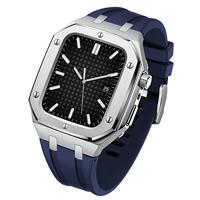 bik Modificatiekit metalen behuizing+rubberen armband voor iWatch SE 8 7 6 5 4 44/45 MM, Smartwatch horlogeband vervangende accessoires (kleur: zilver u, maat: voor 8 7 45 mm)
