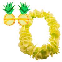 Tropische Hawaii party verkleed accessoires set - Ananas zonnebril - en bloemenkrans fluor geel - thumbnail