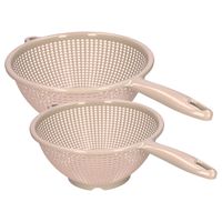 Keuken vergieten/zeef met steel - 2x stuks - kunststof - Dia 22 en 24 cm - beige