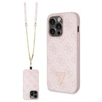 iPhone 15 Pro Max Guess 4G Strass Triangle Metal Logo Case with Crossbody Strap - Pink - thumbnail