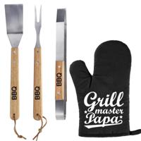 Luxe barbecue gereedschap set met houten handgrepen 3-delig RVS met BBQ handschoen Grillmaster papa