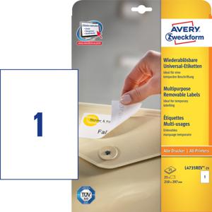 Avery-Zweckform L4735REV-25 Universele etiketten 210 x 297 mm Papier Wit 30 stuk(s) Weer verwijderbaar Inkjet, Laser (zwart/wit), Laser (kleur), Kopiëren