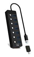 Ewent EW1147 Hub USB 3.2 Gen1, Concentrador USB, USB-splitter, 7 puerto's met interruptores Encendido/Apagado Individuale en Indicadores LED, met kabel van 1,2 m, met adapter 5V/3A, Negro