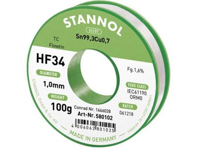 Stannol HF34 1,6% 1,0MM FLOWTIN TC CD 100G Soldeertin, loodvrij Spoel, Loodvrij Sn99,3Cu0,7 ORM0 100 g 1 mm