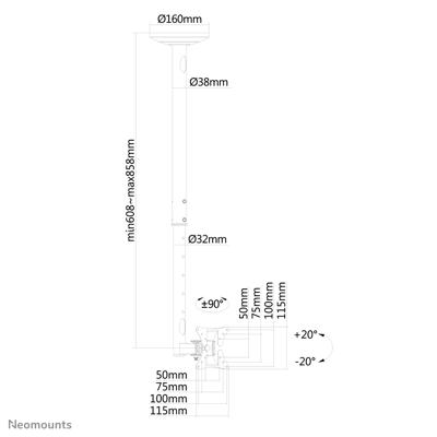 Neomounts FPMA-C050SILVER TV-plafondbeugel In hoogte verstelbaar 25,4 cm (10) - 76,2 cm (30) Kantelbaar en zwenkbaar