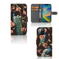 Apple iPhone 14 Telefoonhoesje met Pasjes Pauw met Bloemen