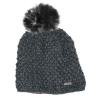 Gebreide beanie muts donker grijs met nep bont pompon voor dames   -