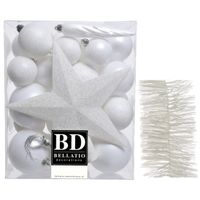 Kerstversiering kerstballen 5-6-8 cm met ster piek en folieslingers pakket winter wit van 35x stuks