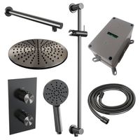 Regendoucheset Inbouw Brauer Gunmetal Carving Thermostatisch 30 cm met 3-Weg Omstelling, Wandarm, Glijstang en 3-Standen Handdouche Geborsteld - thumbnail