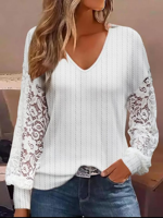 Casual V Neck Lace Loose Shirt