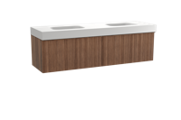 Balmani Forma zwevend badmeubel 180 x 55 cm amerikaans notenhout met Arcato dubbele wastafel in solid surface mat wit, Verticale asymmetrische ronde ribbel