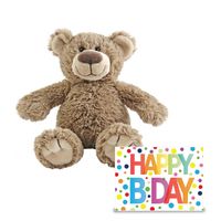 Verjaardag cadeau knuffelbeer 22 cm met XL Happy Birthday wenskaart - thumbnail