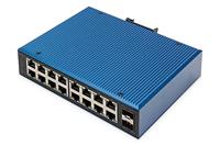 DIGITUS Netwerk Switch - 18-poorts Gigabit Ethernet - 16x RJ45 + 2x SFP-poort - Unmanaged - 10/100/1000 Mbps - DIN rail & wandmontage - IP40 - industriële serie - Blauw