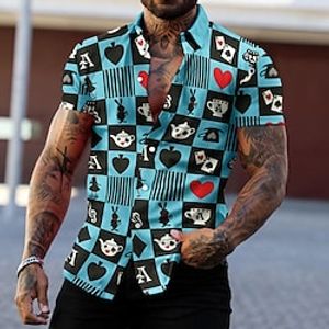 Voor heren Overhemd Grafisch overhemd Poker Strijkijzer Blauw-Groen Print Straat Dagelijks Korte mouw Afdrukken Button-omlaag Kleding Modieus Ontwerper Casual Ademend Lightinthebox