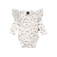Babystyling romper met lange mouween en ruches wit/bruin