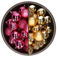 74x stuks kunststof kerstballen mix van goud en fuchsia roze 6 cm