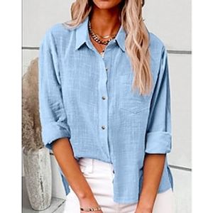 Dames Overhemd Blouse Lange katoenen topjes Witte katoenen top Linnen nappi Zak Casual Modieus Neon en helder Lange mouw Overhemdkraag Zwart Lente Herfst Lightinthebox