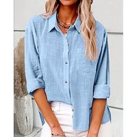 Dames Overhemd Blouse Lange katoenen topjes Witte katoenen top Linnen nappi Zak Casual Modieus Neon en helder Lange mouw Overhemdkraag Zwart Lente Herfst Lightinthebox - thumbnail