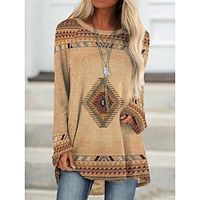 Dames T-shirt Tuniek Marron Geel Lichtgroen Geometrisch Ruitjes Afdrukken Lange mouw Casual Tuniekjes Vintage Etnisch Ronde hals Lang Boheems thema Geometrisch Grote maten S Lightinthebox