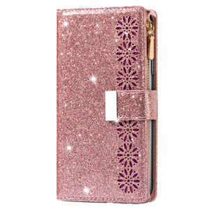 iPhone 15 Pro Max hoesje - Bookcase - Koord - Pasjeshouder - Portemonnee - Glitter - Bloemenpatroon - Kunstleer - Rose Goud