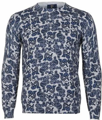 R2 Amsterdam Heren Trui Grijs Met Blauwe Print Crew Neck