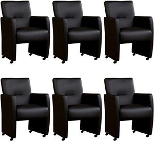 Set van 6 Zwarte leren moderne eetkamerfauteuils Pleasure - Hermes Leer Nero (zwart leer)