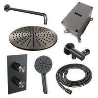 Regendoucheset Inbouw Brauer Gunmetal Carving Thermostatisch 30 cm met 3-Weg Omstelling, Gebogen Wandarm en 3-Standen Handdouche Geborsteld Gunmetal - thumbnail