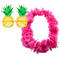 Tropische Hawaii party verkleed accessoires set - Ananas zonnebril - bloemenkrans fuchsia roze - thumbnail