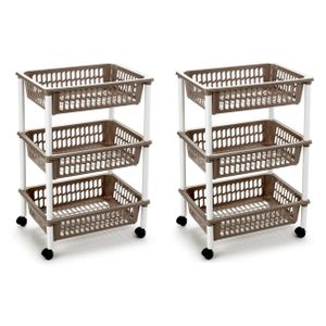 2x stuks opberg trolley/roltafel/organizer met 3 manden 40 x 30 x 61,5 cm wit/taupe