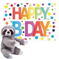 Pluche dieren knuffel luiaard 25cm met Happy Birthday wenskaart - thumbnail