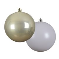 Grote decoratie kerstballen - 2x st - 14 cm - champagne en wit - kunststof - thumbnail