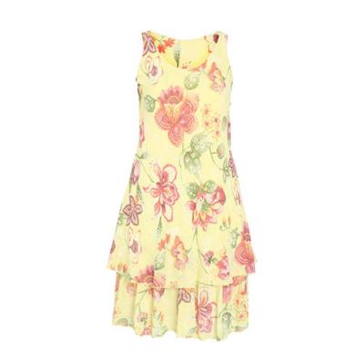 Paprika gebloemde A-lijn jurk lichtgeel/oudroze/groen