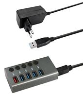 Maxtrack CH10L 5-poorts USB 3.0-hub afzonderlijk schakelbaar zilvergrijs