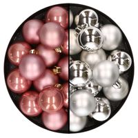 32x stuks kunststof kerstballen mix van oudroze en zilver 4 cm   -