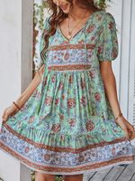 Loose V Neck Casual Floral Dress With No