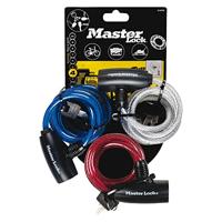 Master Lock Fietskabelslot [Sleutel] [1,8 m Oprolkabel] [Buiten] [Set van 3] [Blauw, rood en transparant] 8127EURTRI - voor (Elektrische) fietsen, Skateboards, Kinderwagens, Grasmaaiers en andere Buitenapparatuur